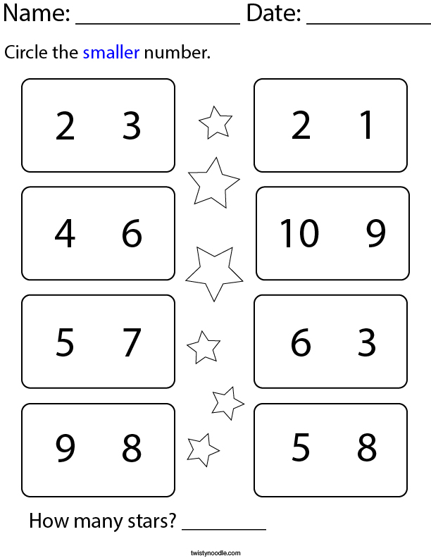 Circle the Smaller Number Math Worksheet Twisty Noodle